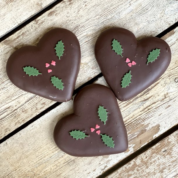 Honningkage hjerter med gte mrk chokolade 60% og guld, 3 stk 