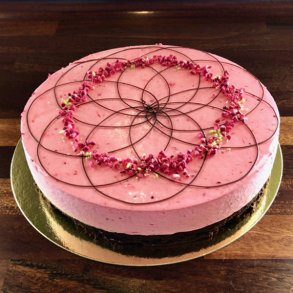 Hindbr-ribsmousse lagt med chokoladekage til 12 pers.