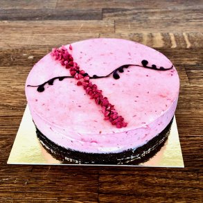 Hindbr-ribsmousse p chokoladekage til 5 pers.