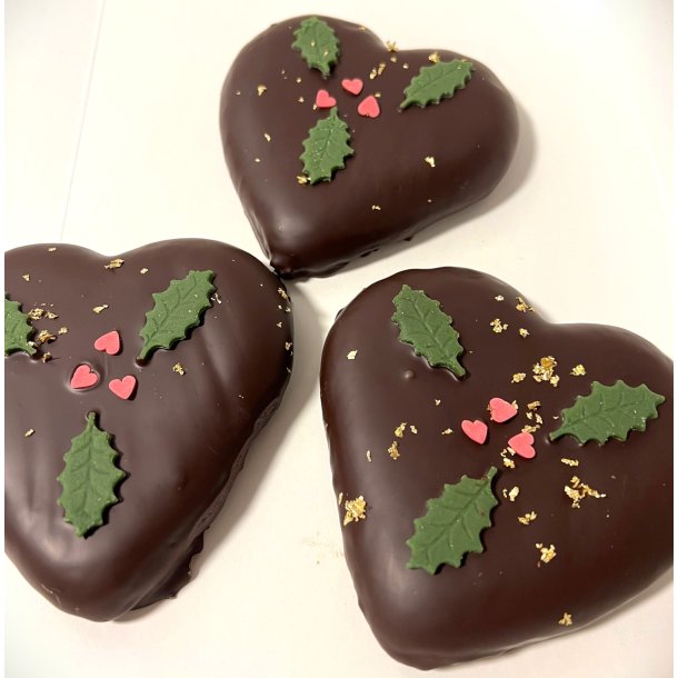 Honningkage hjerter med gte mrk chokolade 60% og guld, 3 stk 