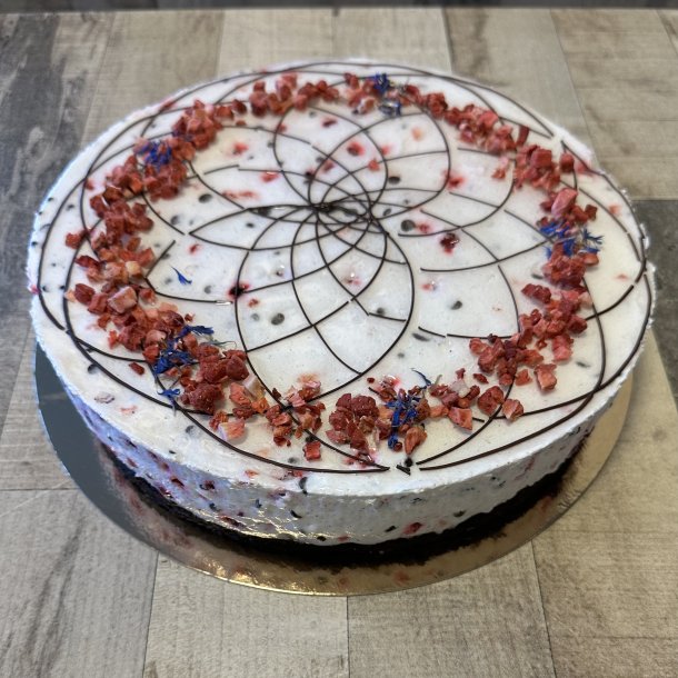 Vegansk og glutenfri vaniljemousse med blandede br og chokoladestykker p browniebund til 12 pers.